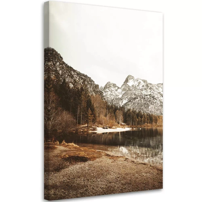 Obraz pionowy - krajobraz jezioro góry drzewa - w kolorach beżu, brązu, szarości